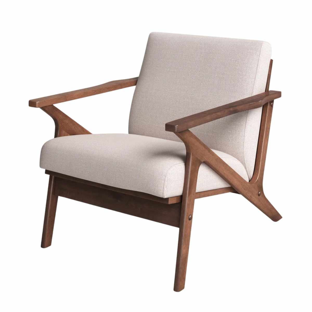 an accent chair with cream upholstery and a wood frame