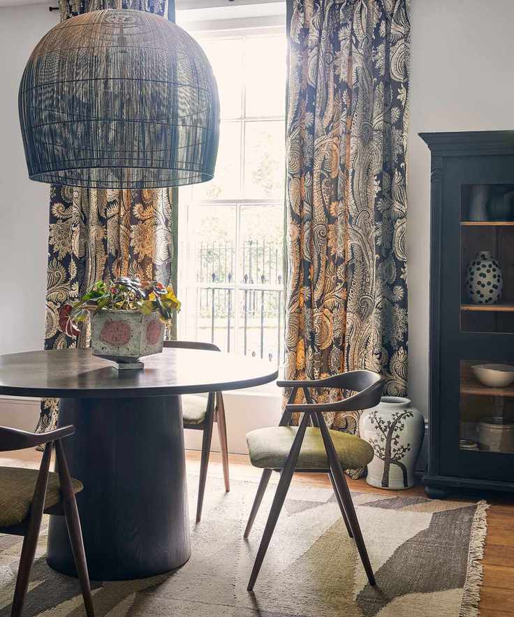 Maximalist decor ideas with floral curtains