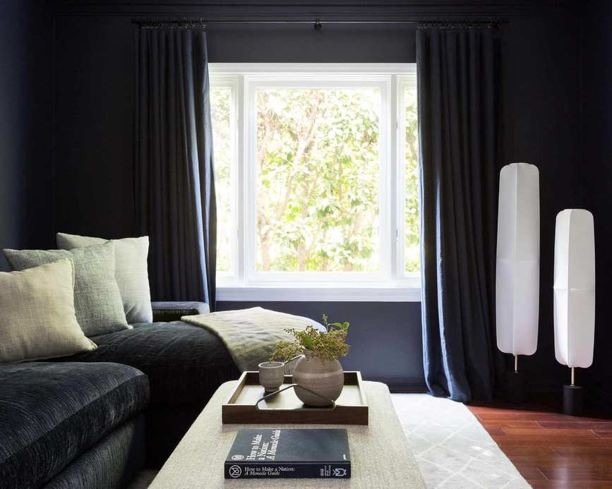 Black painted living room with dark furnishings