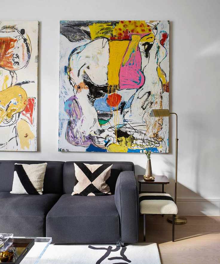 Simple living room ideas with white walls and oversized art