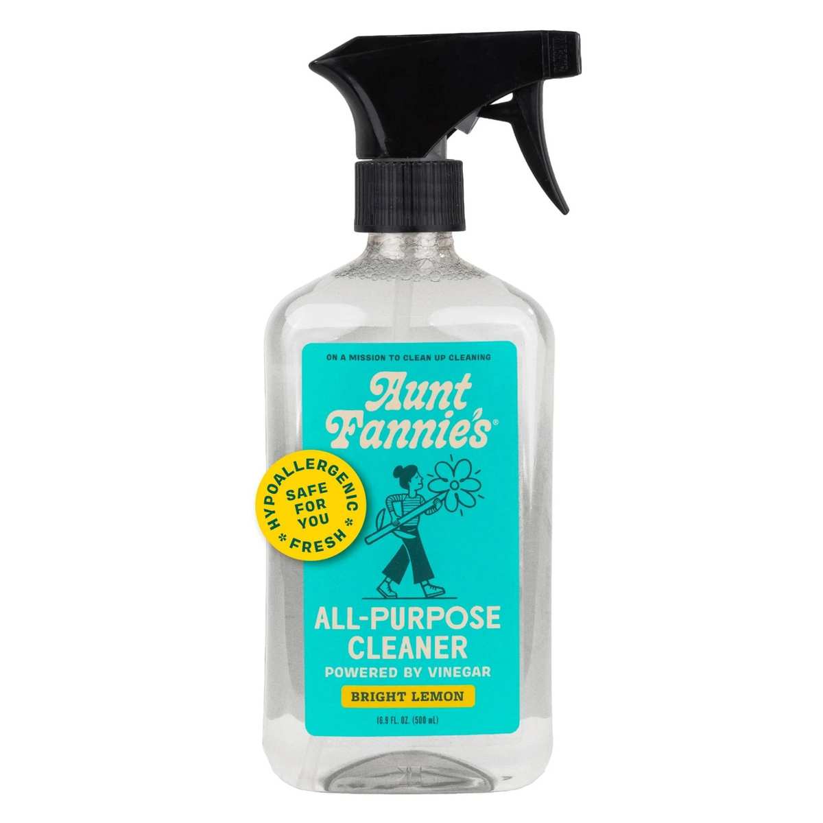 A clear bottle of Aunt Fannie's all-purpose cleaner with a blue label and black spray lid