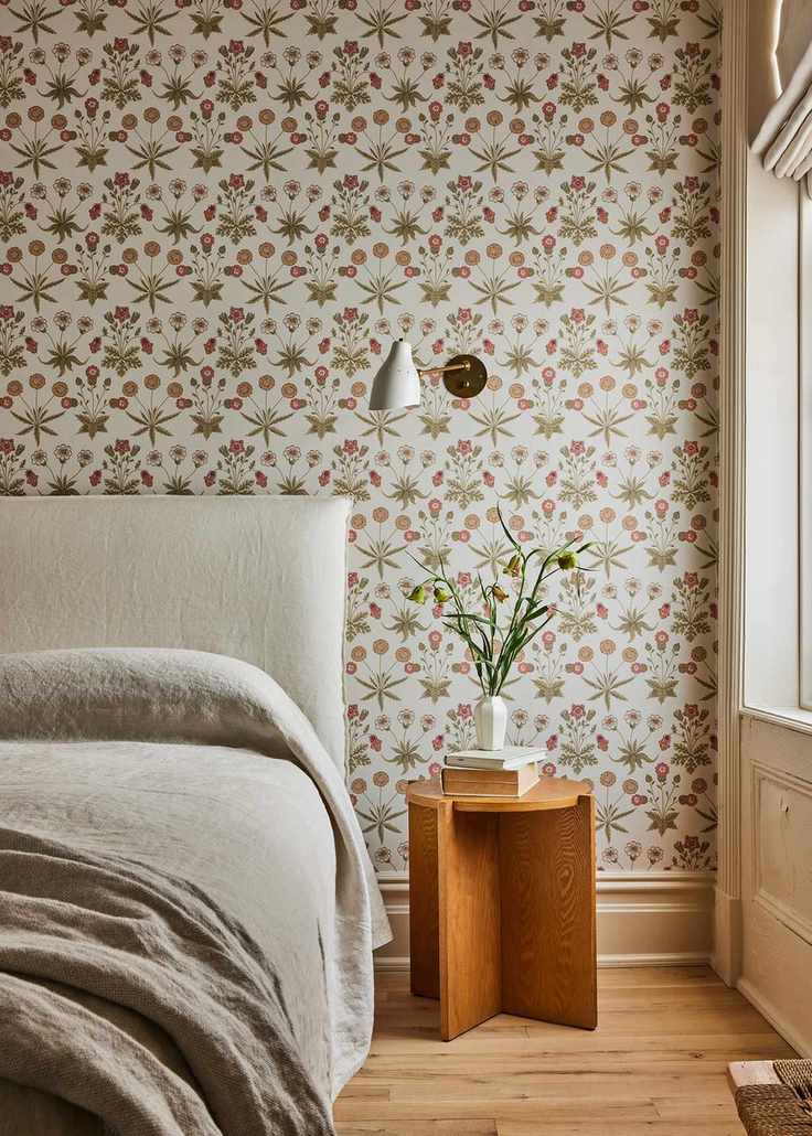 Beige bedroom with arts and crafts wallpaper