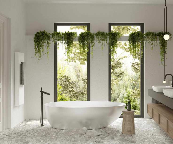 Stylish white bathroom with living shelf above the tub