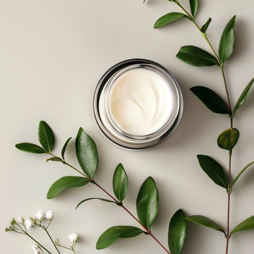 Natural skincare product surrounded by plants