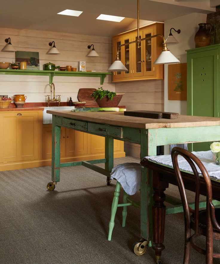 Butcher's block in a kitchen with wheels to make it portable