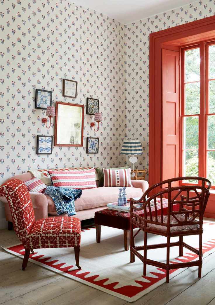 Living room showcasing red and blue accents