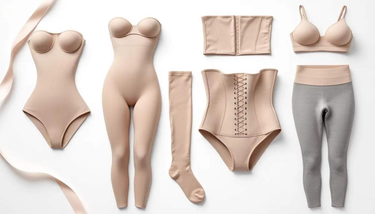 Various shapewear types, including cami bodysuits, shaping bodysuits, and waist trainers, showcasing features like built-in bras and adjustable gussets, create a smooth silhouette with targeted compression.