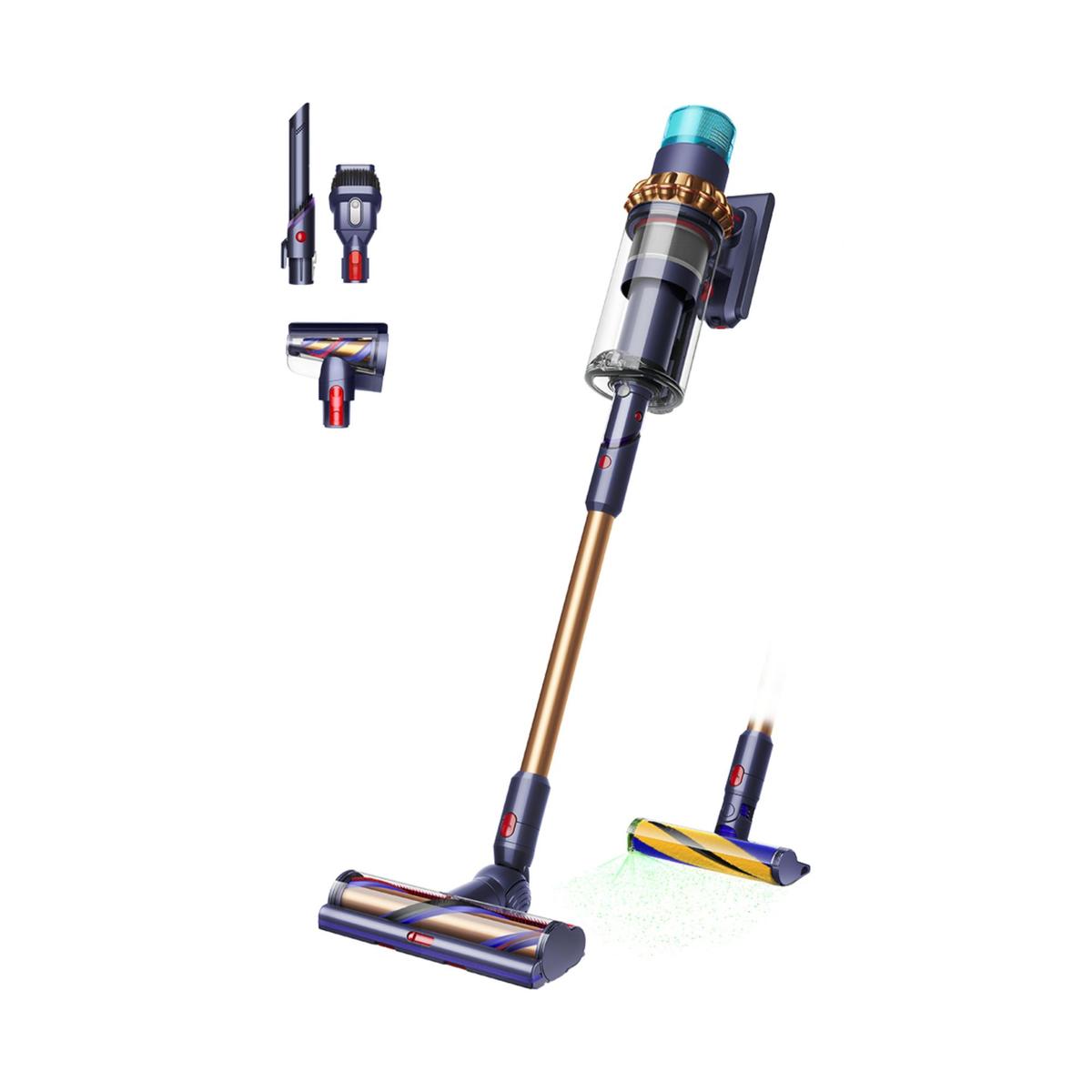A blue and gold cordless vacuum cleaner with various attachments
