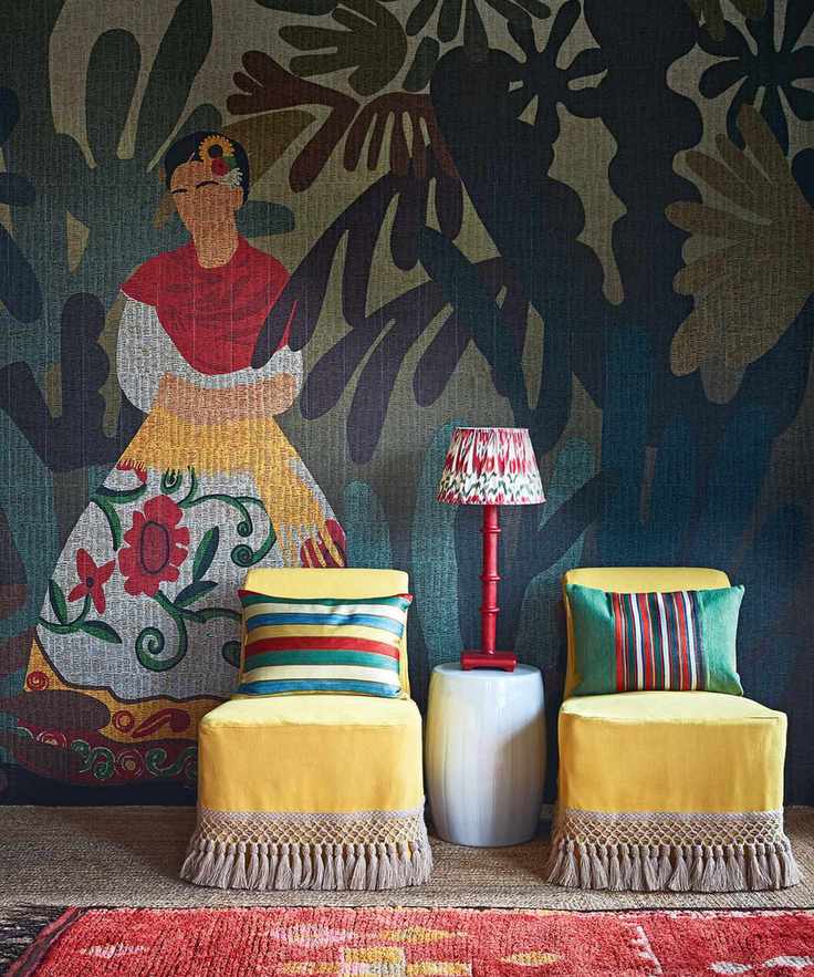 Hallway featuring colorful mural and yellow chairs with cushions