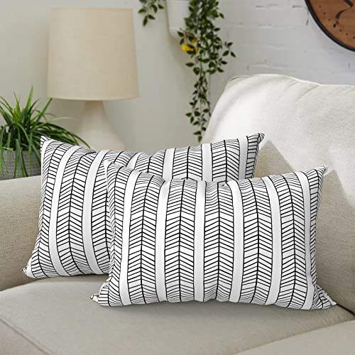 Dytxiii Pack of 2 Waterproof Outdoor Lumbar Pillow With Inserts, Rectangle Decorative Patio Throw Pillow for Home, Sofa,bench and Patio Furniture (12 X 20 In,herringbone Black White)