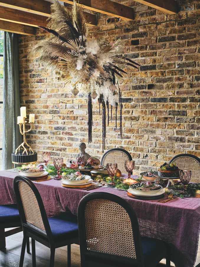 Dried flower cloud above dining table