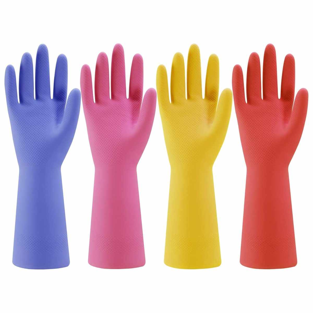 Four rubber gloves in purple, pink, yellow and red