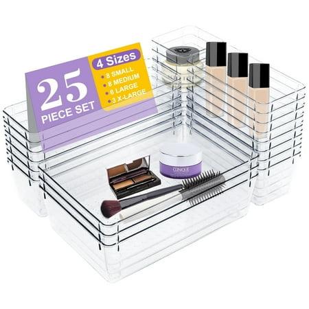 Phancir 25 Pcs Plastic Drawer Organizer Set, Various Sizes Clear Storage Trays for Makeup, Office, Kitchen, Bathroom