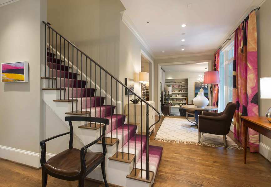 purple to white gradient stair carpet, white cabinet