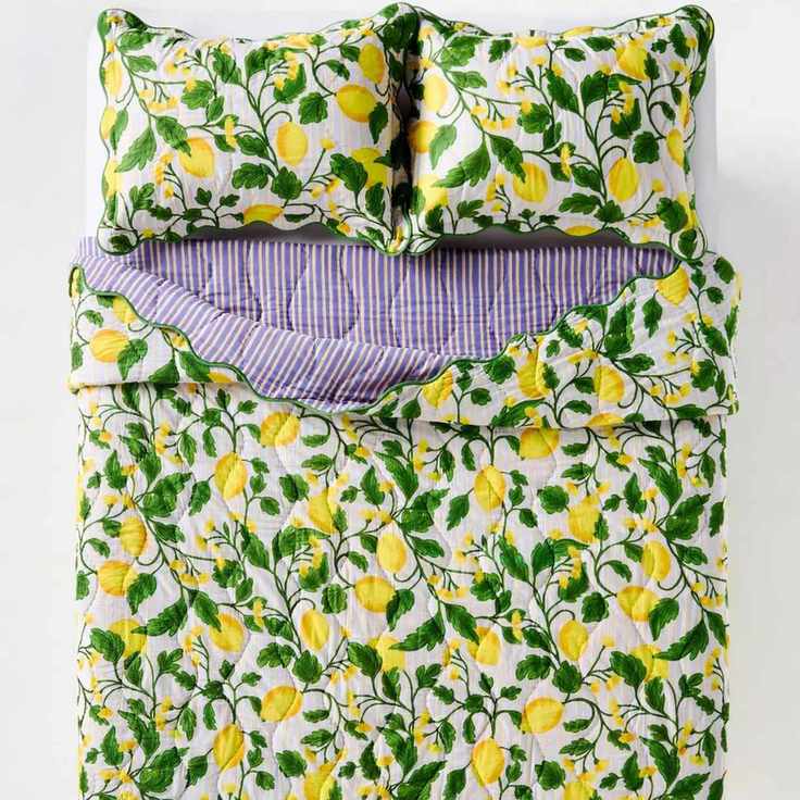 Anthropologie, Iluka Cotton Printed Floral Quilt (Yellow Pattern) Queen