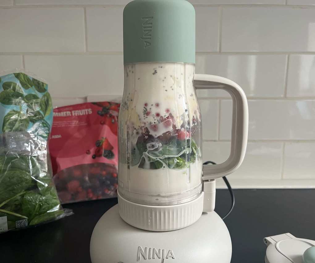 An unblended smoothie in a Ninja BlendBoss tumbler.