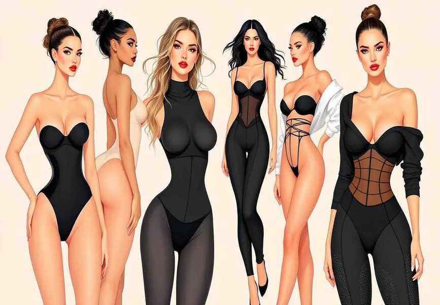 An illustration showcasing various types of strong shapewear including bodysuits and waist trainers.