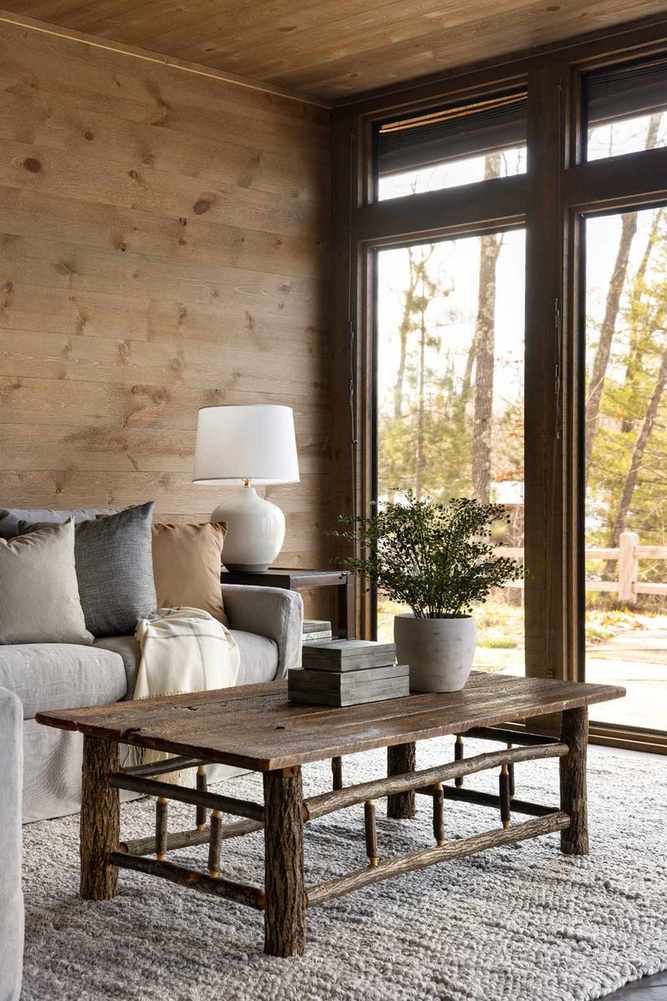 cabin living area with white furniture