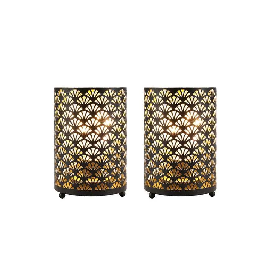 Two cylinder-shaped outdoor lamps with art deco patterns