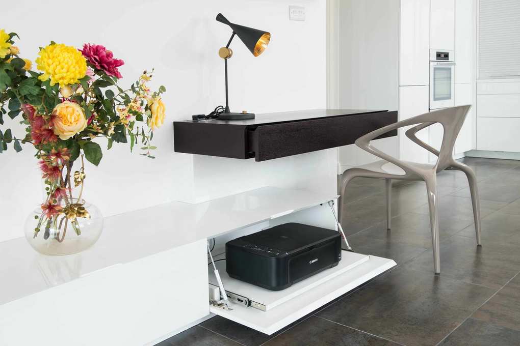 floating desk with lamp and printer in pull out drawer