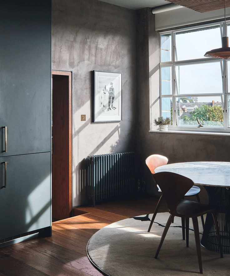 Silver gray kitchen with wood floor