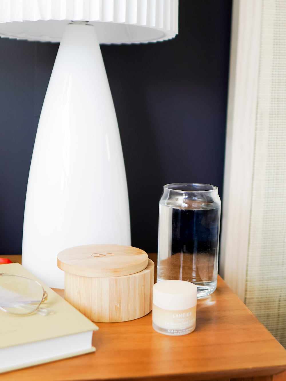 Anna Mae Groves, Stylemakers, bedroom, bedside table, water, navy, candle