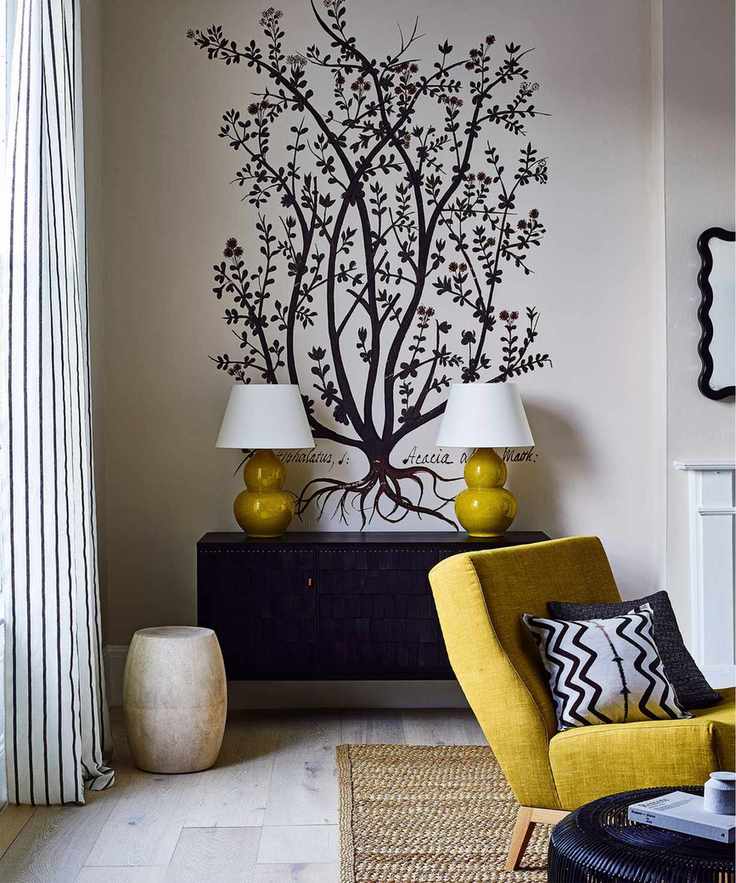 A small living room lighting idea with matching yellow armchair and table lamps