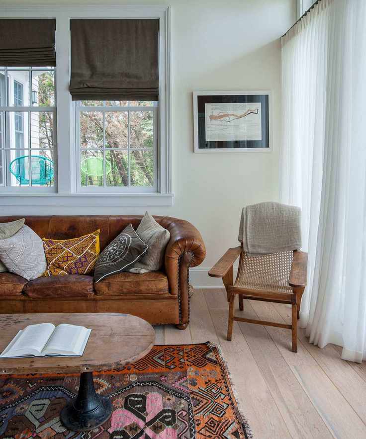 Neutral living room with wood chair and leather sofa