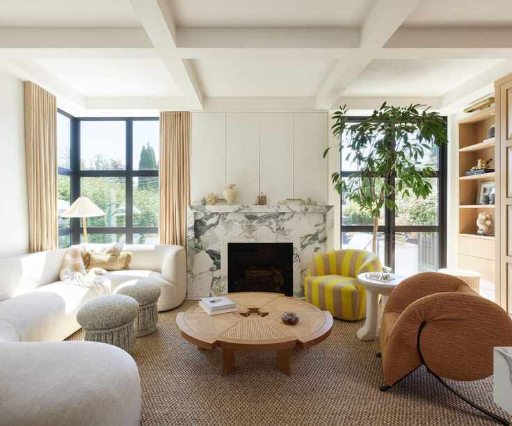 Living room in Vancouver home with marble fire surround