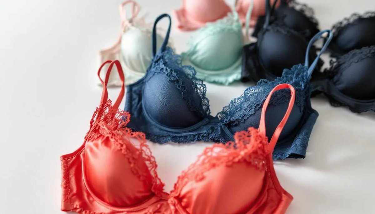 A colorful display of bralettes in various styles and colors.