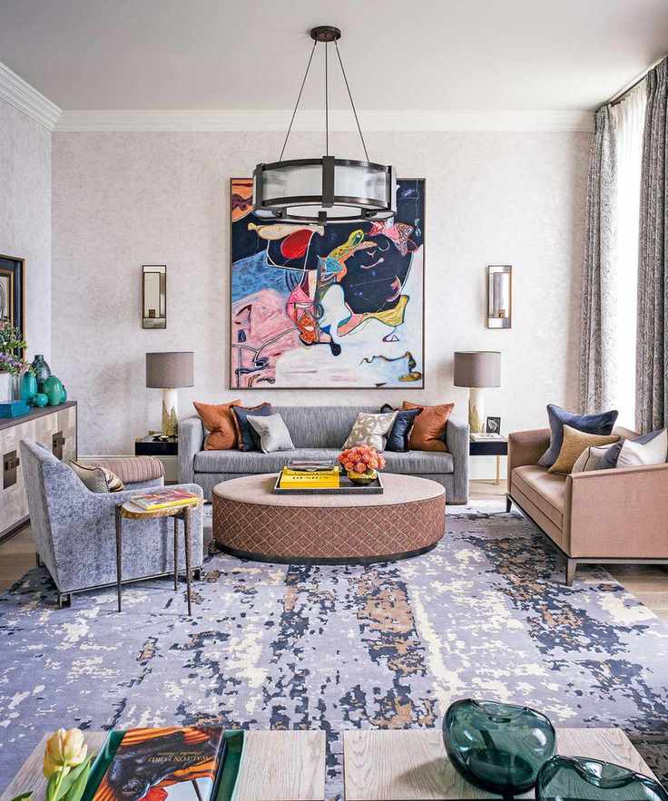 Living room with deep blue rug