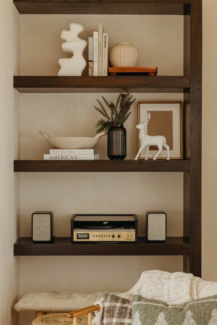 Holiday decor on a bookshelf