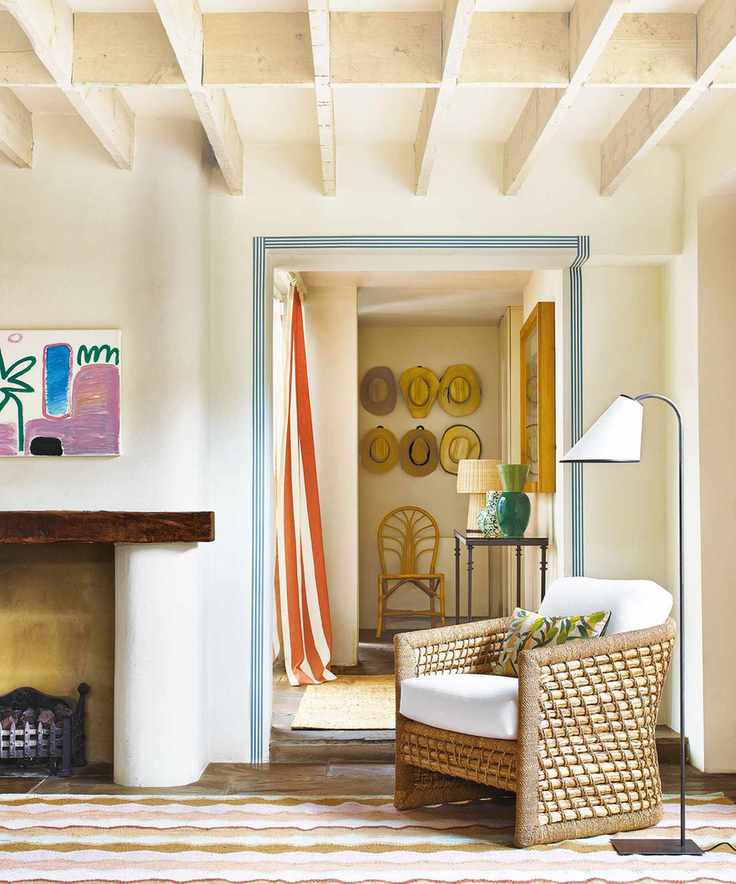 Modern cottage living room with coffered beams
