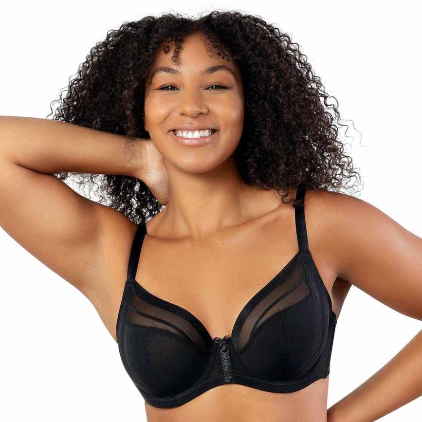 model wearing a black plunge bra