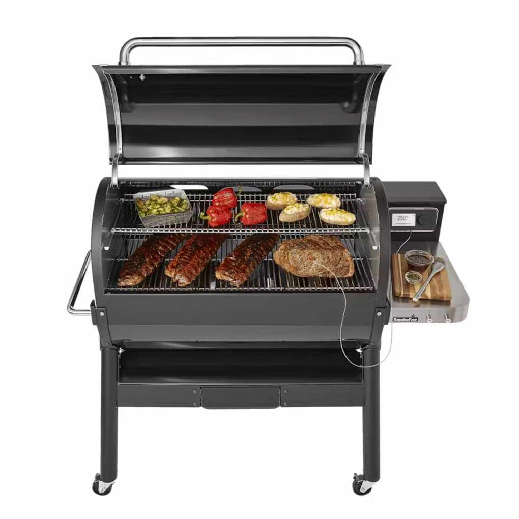 A Weber SmokeFire EPX6 STEALTH Edition Grill on a white background
