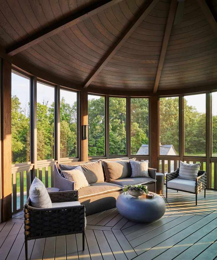 Unique porch design featuring a rounded wooden ceiling