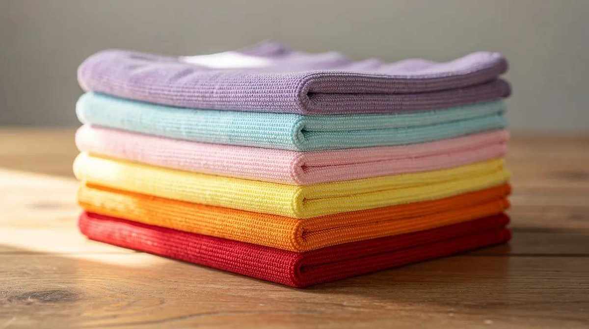 A stack of colorful folded cleaning cloths rests on a wooden surface, showcasing a variety of warm and cool hues that create a visually appealing arrangement. These soft cloths are perfect for various cleaning tasks, offering comfort and durability for everyday use.