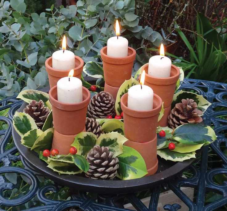 Tray with candles in terracotta pots