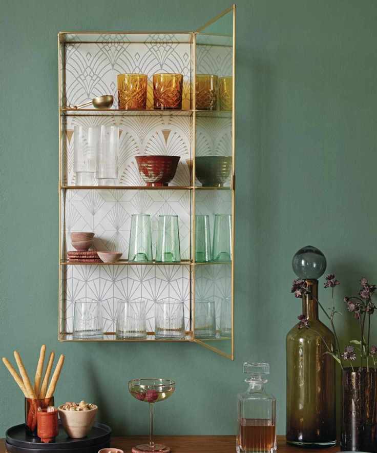 Green walls, open cabinet