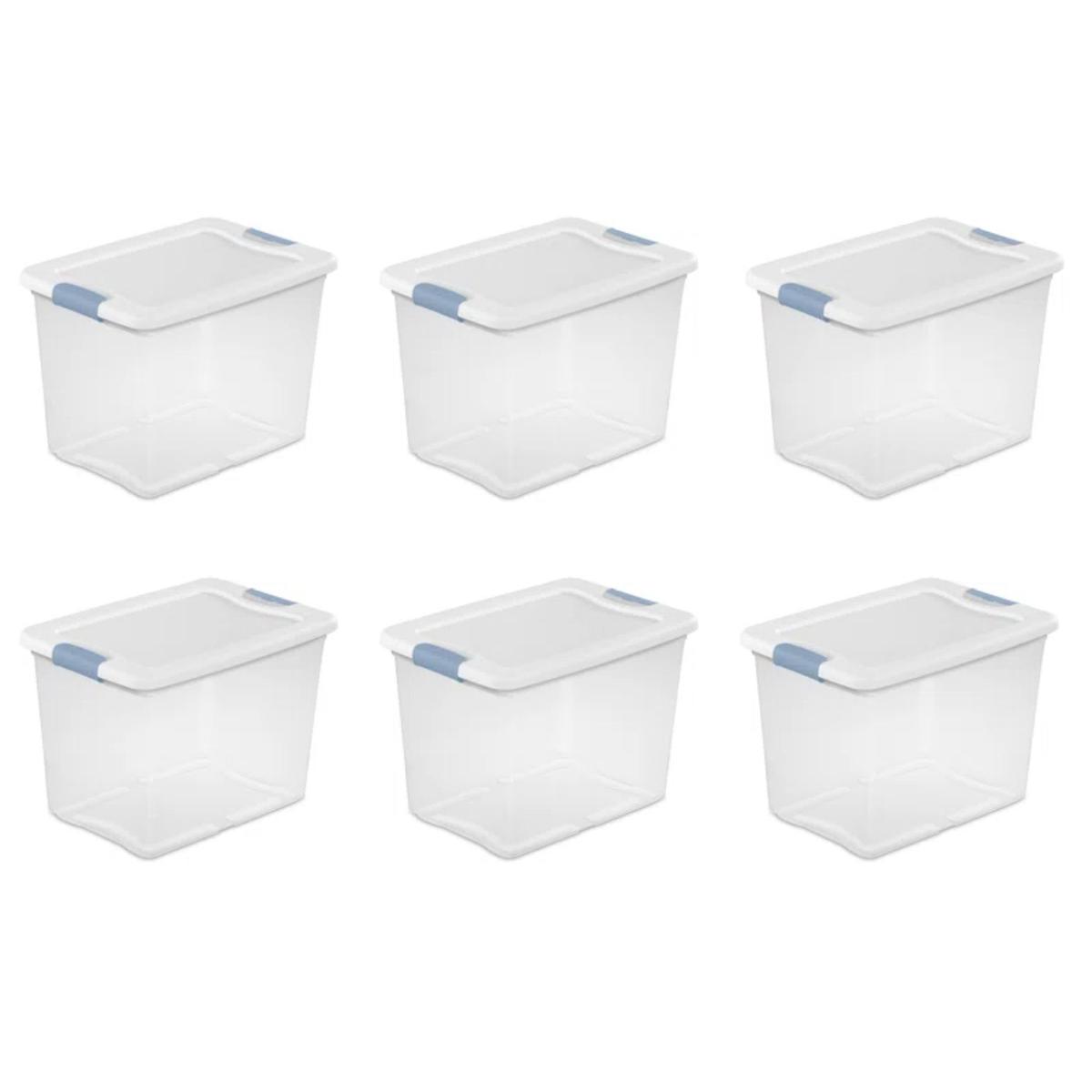 Six plastic storage bins