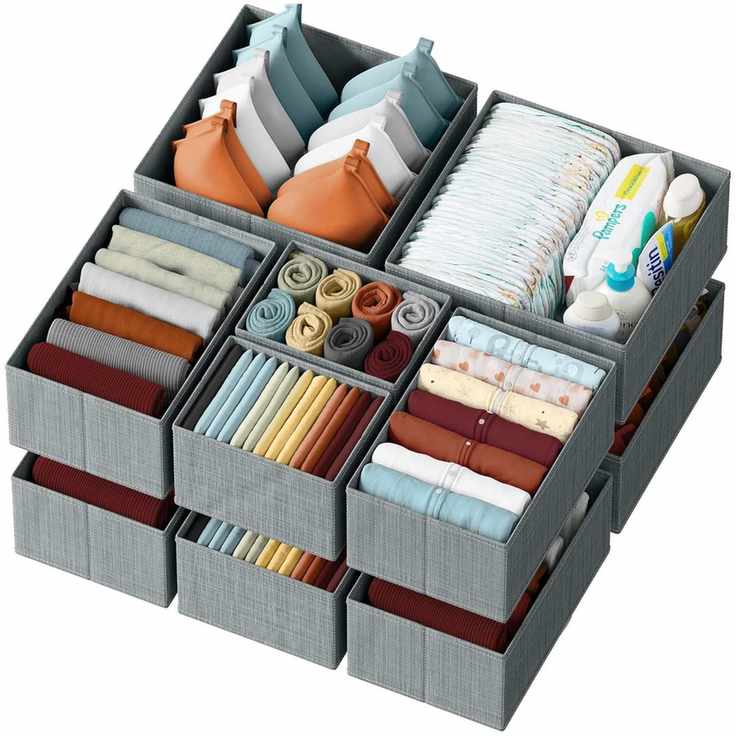 Grey drawer dividers filled with clothes