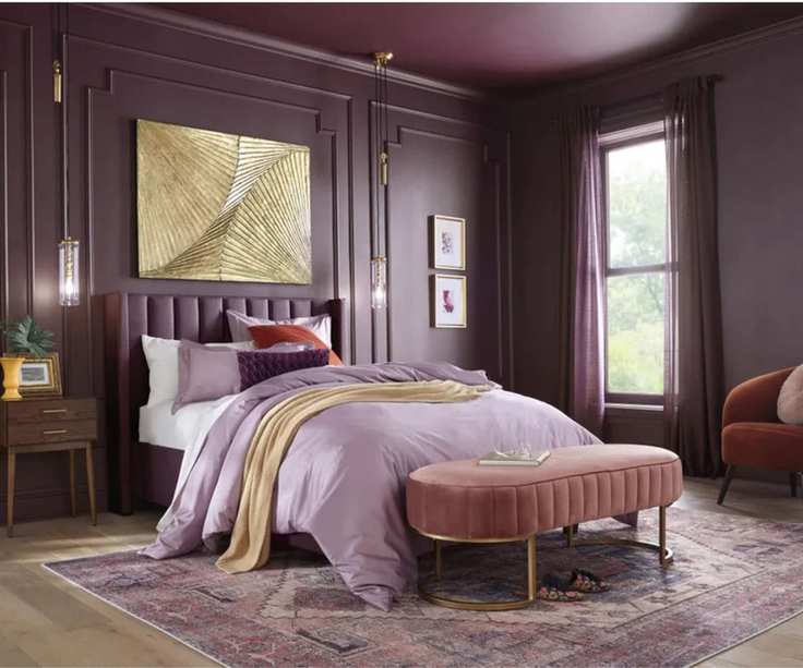 purple drenched bedroom painted in purple basil by glidden
