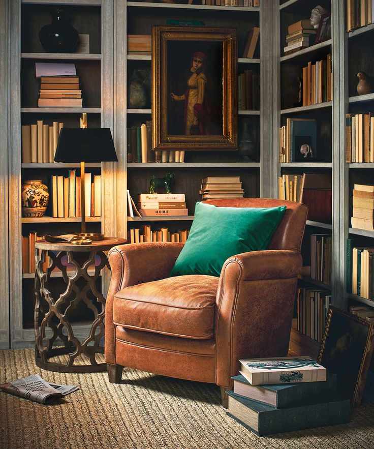 Cozy corner with leather armchair and bookcase