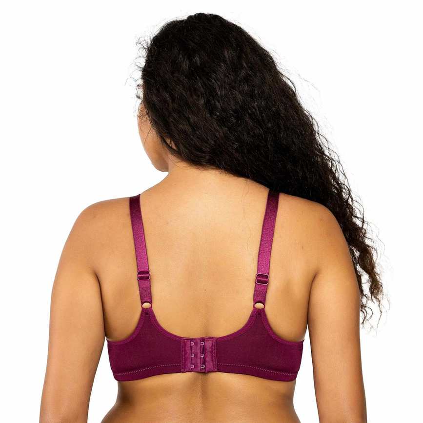 Purple bra worn by a person on a white background