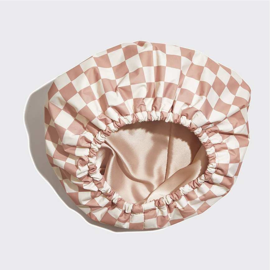 Terracotta Checker Satin Lined Flexi Shower Cap