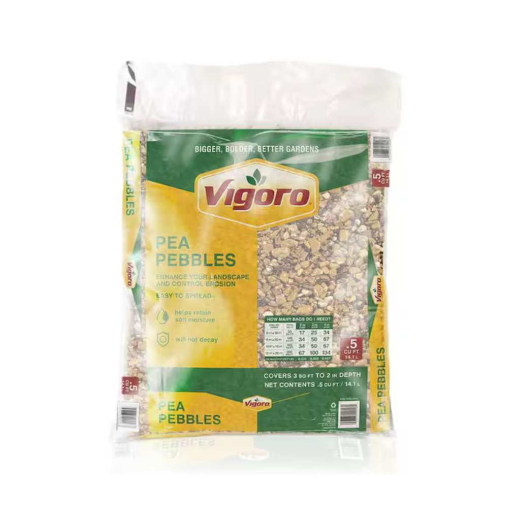 Yellow and green bag of pea gravel