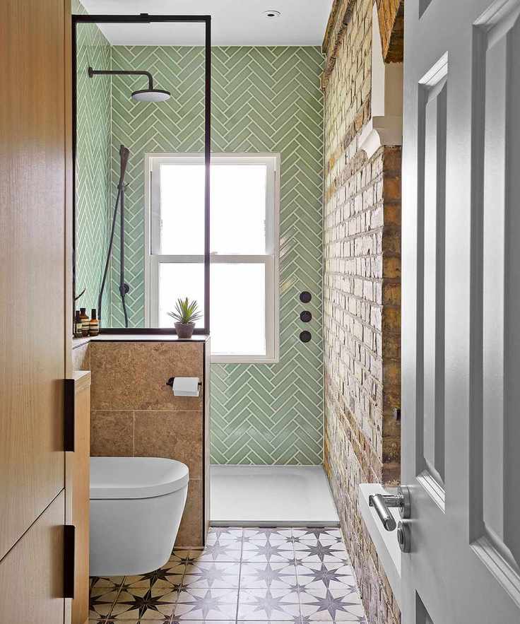 Small bathroom with green metro tiles