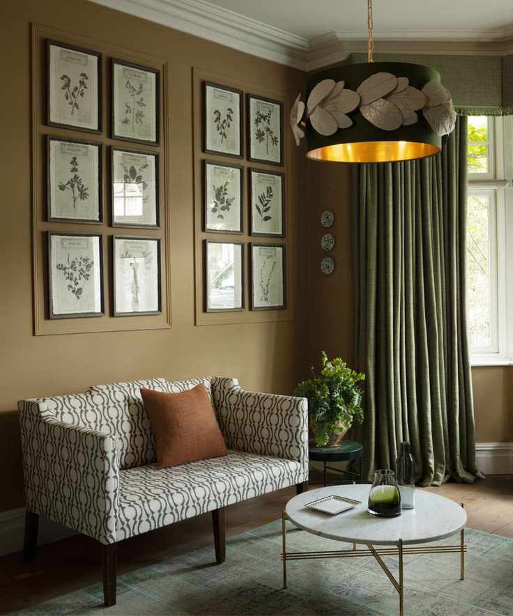 Brown living room, green curtains and lampshade