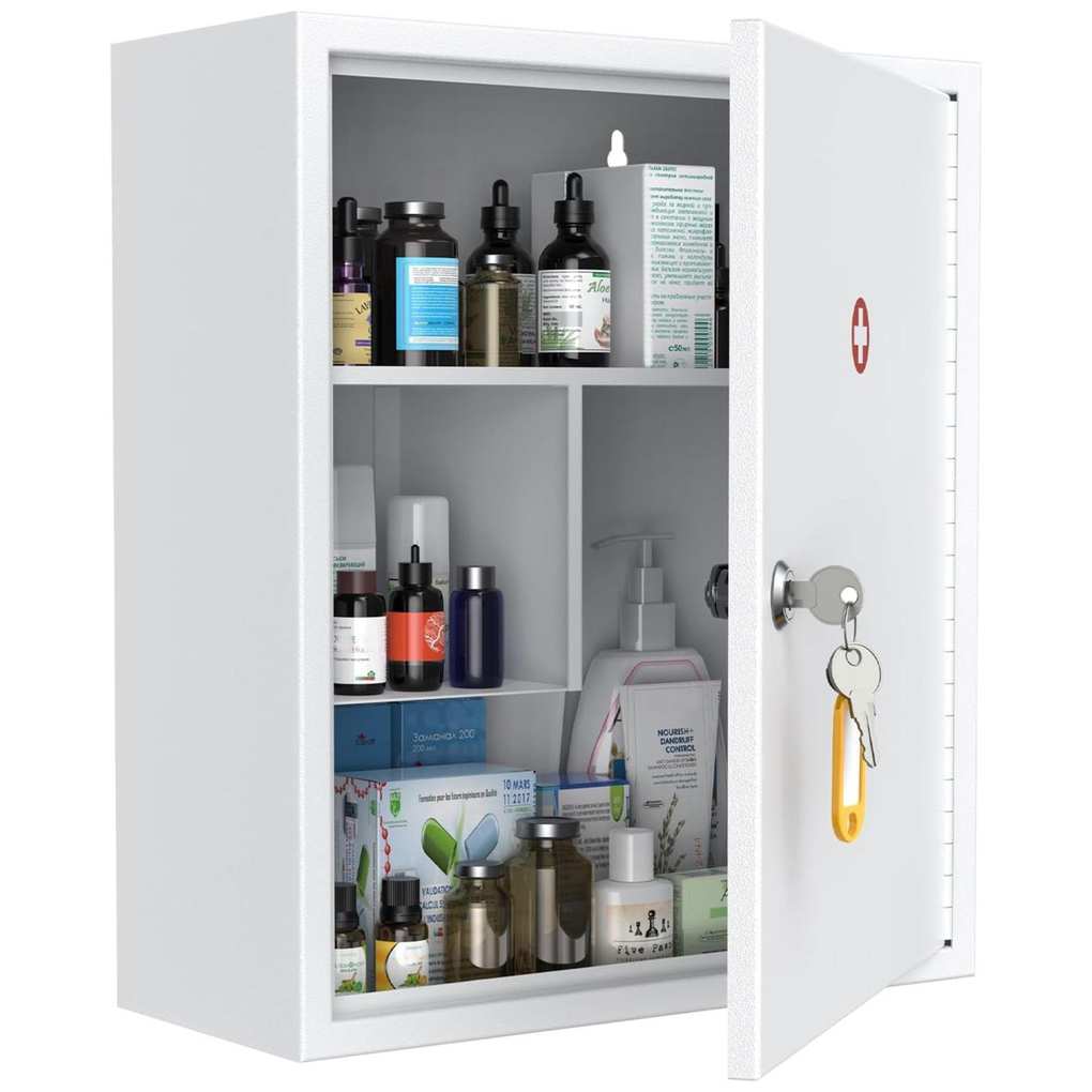 White lockable medicine cabinet filled with assorted products