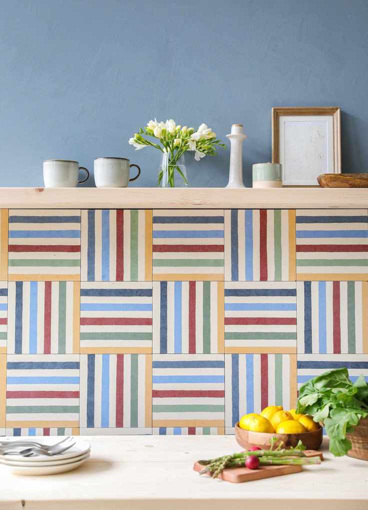 Colorful striped backsplash tiles